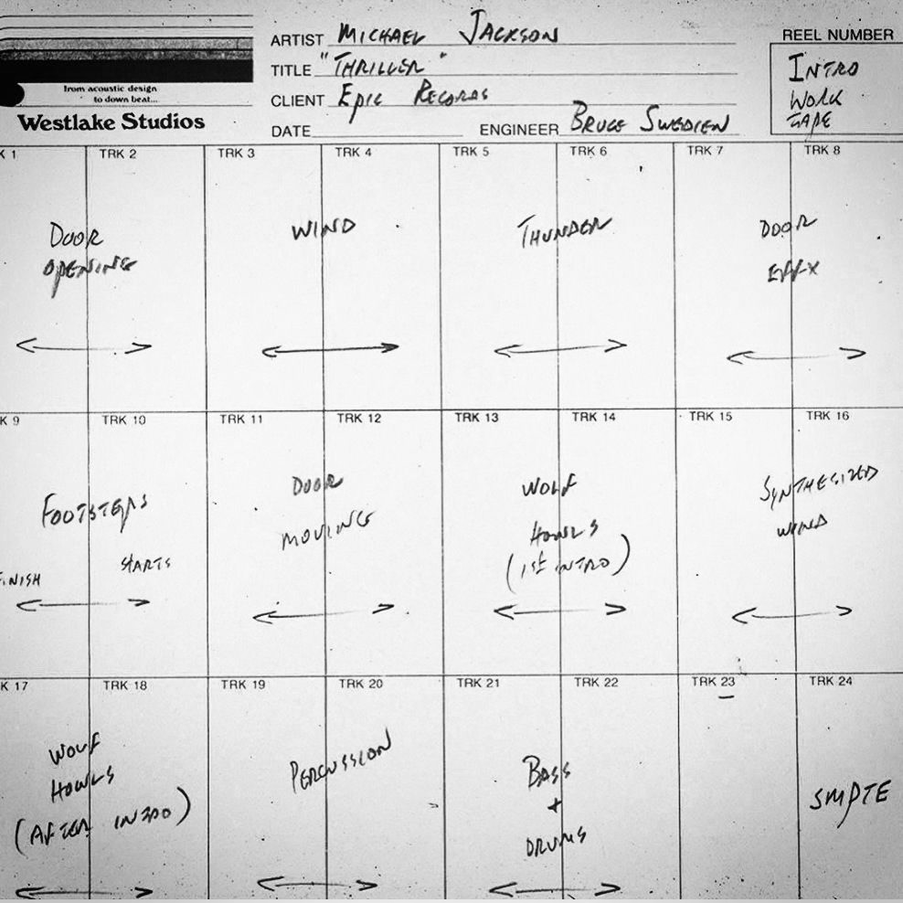 The 24-track sheet for the intro to Michael Jackson’s “Thriller”