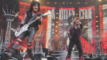 Nikki Sixx (left) and Vince Neil of Mötley Crüe hear themselves through JH Audio Sharona in-ears on Shure PSM 1000 wireless packs. Photo: Kevin Mazur/Getty Images