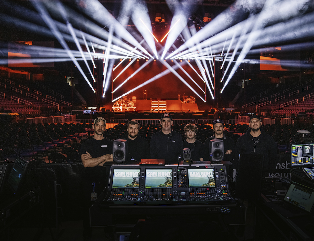 Ensuring Sam Hunt’s sound keeps the fans on their feet are (l-r): FOH engineer Phil Bledsoe; stage patch/utility Shawn Eacott; stage left P.A. fly tech/lead P.A. tech Matt Potesta; stage right P.A. fly tech Connor Cross; monitor engineer Jared Green; and system engineer/audio crew chief Joe Henson. Photo: Steven Alan