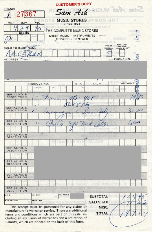 A vintage Sam Ash receipt, unearthed from Steve La Cerra's mountains of gear.