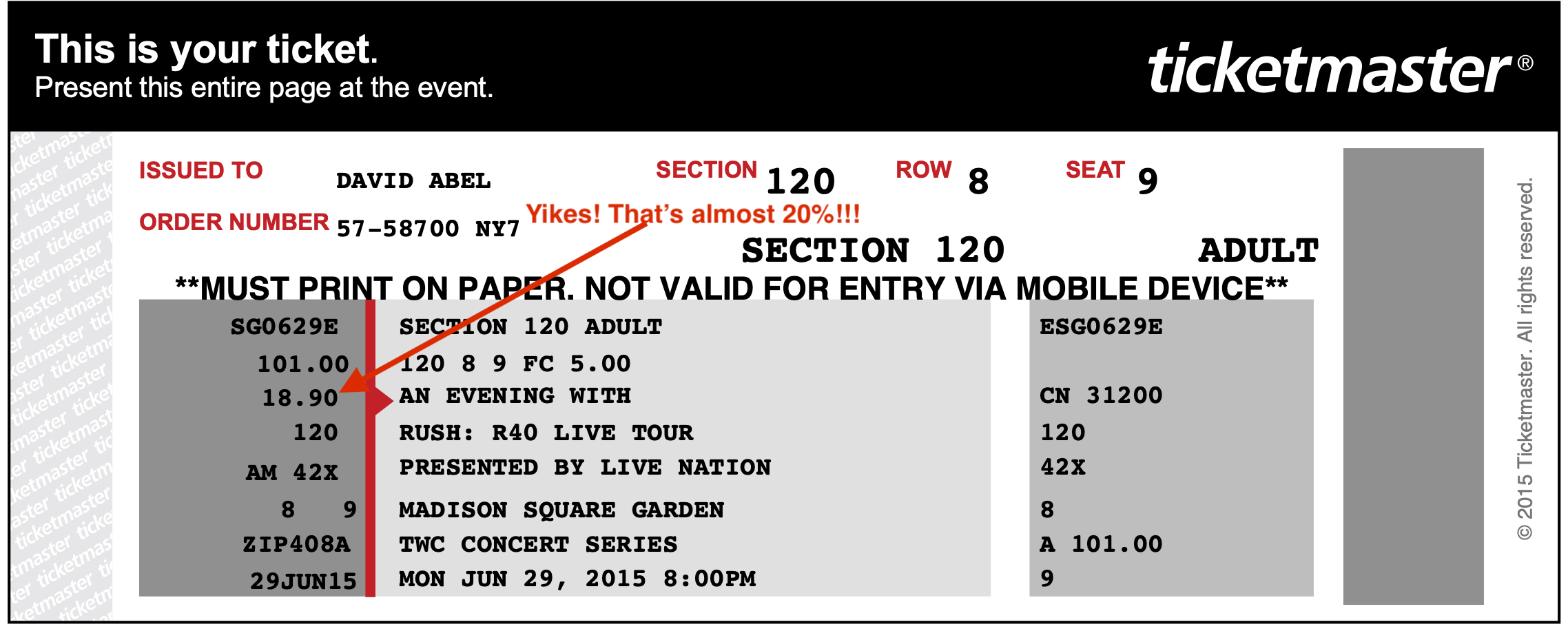 A sample Live Nation/Ticketmaster ticket from 2015.