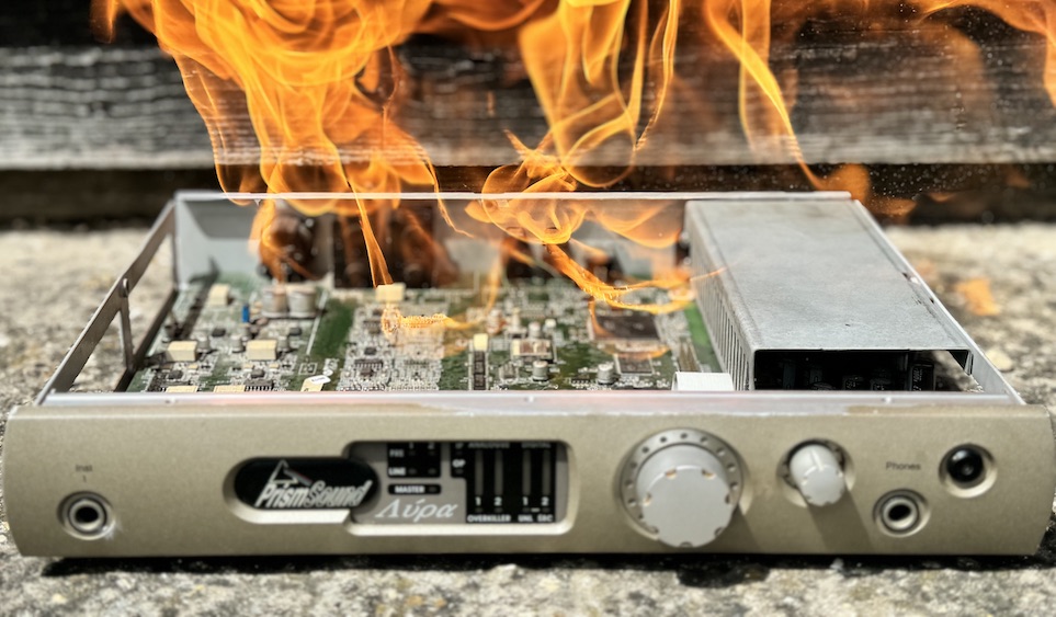 A counterfeit Prism Audio unit goes up in flames during testing.