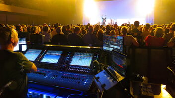 FOH engineer Philip Harvey at the front of house position with his DiGiCo Quantum 338 desk on the Keane20 tour.
