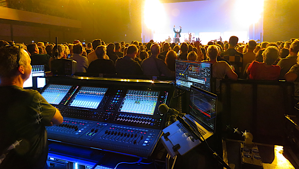 FOH engineer Philip Harvey at the front of house position with his DiGiCo Quantum 338 desk on the Keane20 tour.