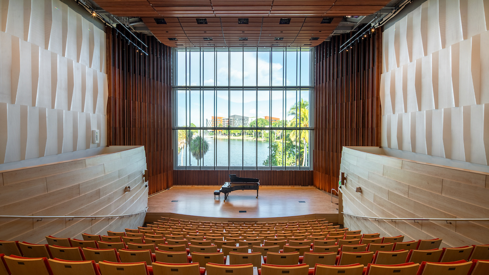 The Robert and Judi Prokop Newman Recital Hall, the centerpiece of the new Knight Center for Music Innovation.