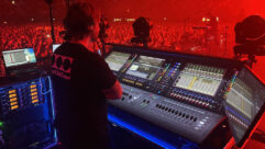 Monitor engineer David Ruffle manning his DiGiCo Quantum338 desk at stageside on a Nothing But Thieves show. Photo: Harris Tomlinson-Spence