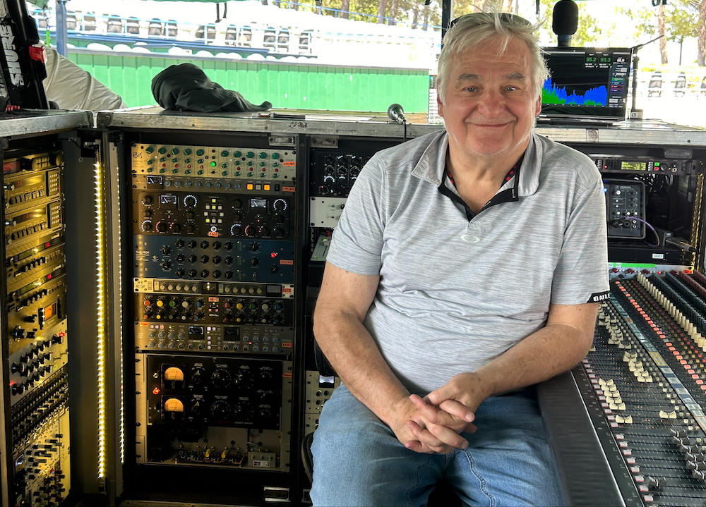 FOH engineer Toby Francis added a new Fairchild 670 vacuum tube compressor to the bottom of the rack behind him for the final tour leg. PHOTO: Courtesy of Toby Francis.