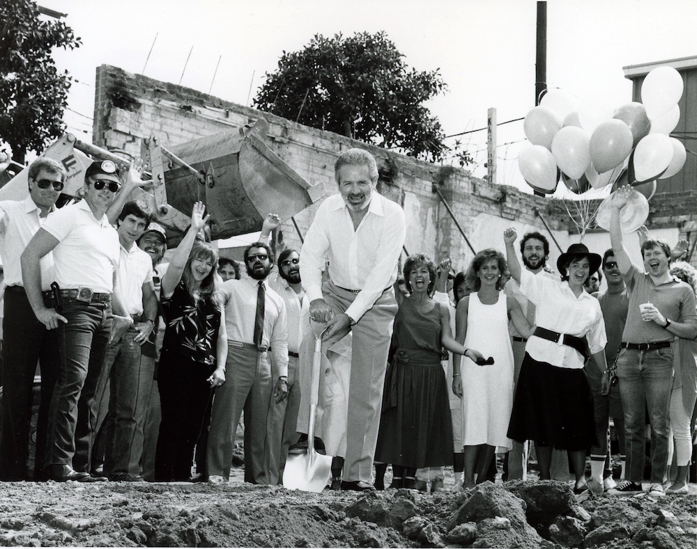 Chris Stone breaks ground in 1985 on the site of the new Record Plant studios building on Sycamore Street, Hollywood, which recently closed. Photo by Scott Lockwood. Choreography and Art Direction by David Goggin aka Mr. Bonzai