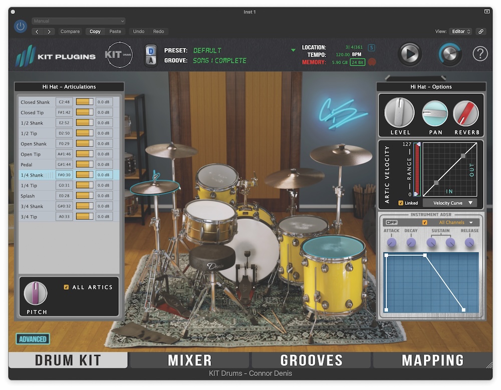 The Drum Kit page with the Advanced features showing.