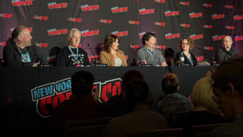 On Audible’s ‘The Sounds of Storytelling’ panel at New York Comic Con, panelists included (l-R) Ray Porter, Dennis E. Taylor, Emily Andras, R.A. Salvatore, Mary Robinette Kowal and John Scalzi. Photo: Future.