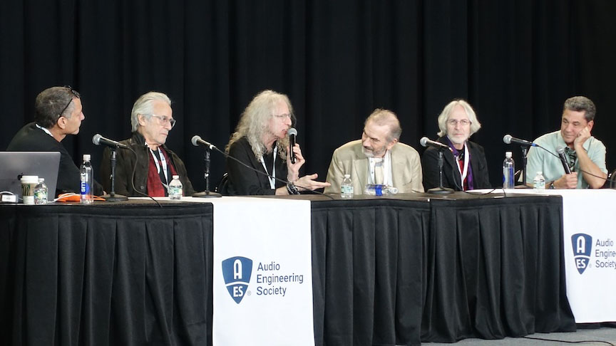 Pictured L-R: film director Denny Tedesco; musicians Danny Kortchmar and Waddy Wachtel; record producer Russ Titelman; musician Steve Postell; and record producer Niko Bolas. 