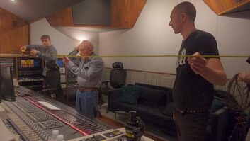 George Augspurger (center) updated the studio monitoring of Sound Factory’s Studio B, working with studio manager Cameell Hanna (right) to measure and test the space before designing enclosures to fit the control room’s soffits. Photo courtesy of Gibson/KRK.