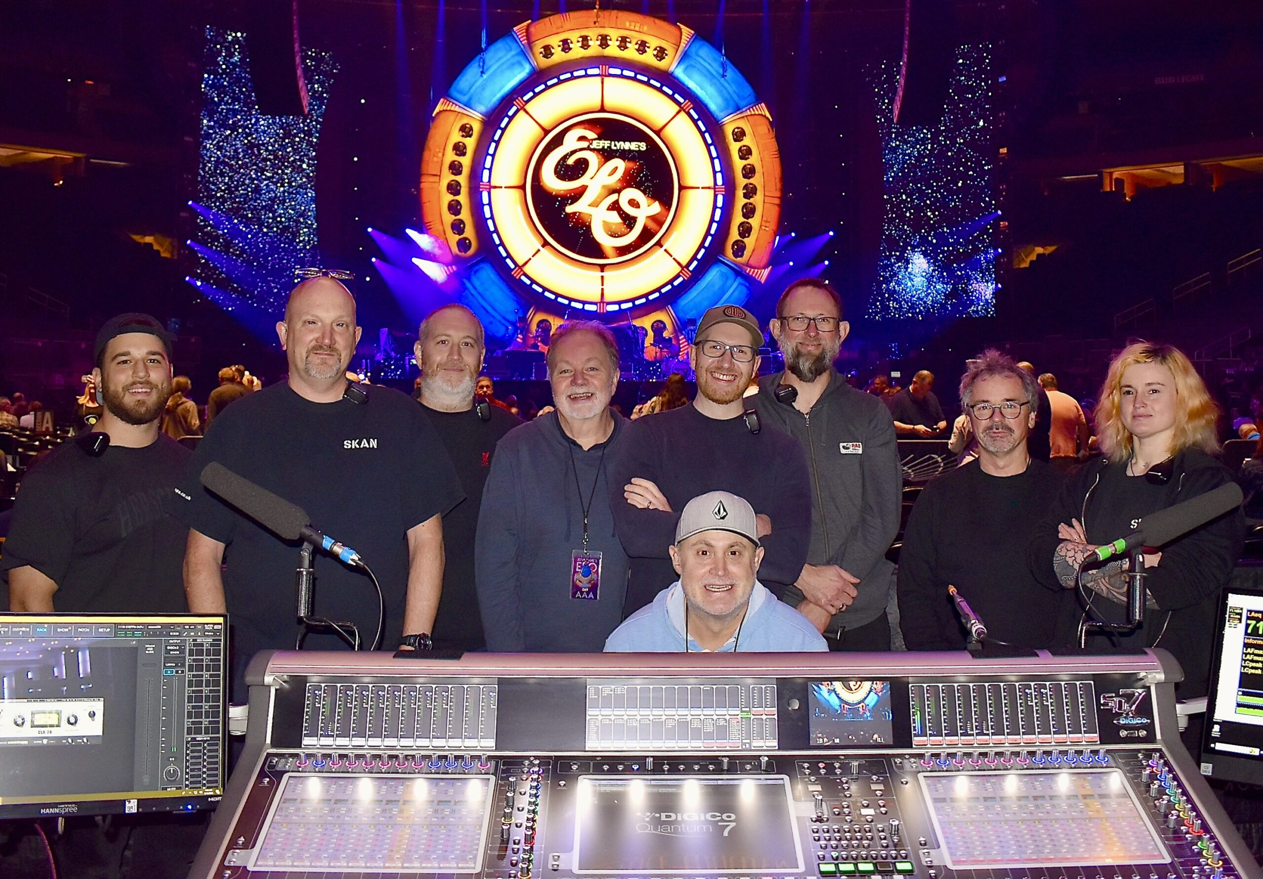 The Jeff Lynne’s ELO audio team (l-r): Josiah Roggio, Audio & Autocue Tech; Trystan Forbes, PA Tech; Tommy Bradshaw, PA Tech; Gary ‘GB2’ Bradshaw, FOH Engineer; Matt ‘MBF’ Besford- Foster, System Engineer / FOH Tech; Steve Jay, Studio Engineer; Liam Tucker, Crew Chief / Monitor Tech; Niall Slevin, Monitor Engineer; and Sammi Goundry, Stage Tech. Photo: Clive Young.