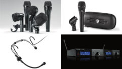 At NAMM, Shure introduced (clockwise from top left) Nexadyne mics; KSM11 vocal mics; the SLX-D quad-channel digital receiver; and SM39 vocal headset.