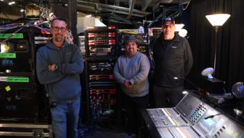 L-R: Kirk Powell (Engineer-in-Charge for ATK/Clair Global), Luis Montes (Clair Global Patch Master) and Dave Caldwell (Clair Global Network Manager), with a Focusrite rack of RedNet components, at the site of Super Bowl LIX. Photo credit: Bill Brungard.