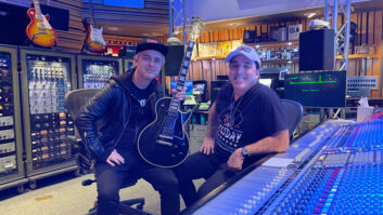 Inside Mix L.A., Green Day’s Billie Joe Armstrong (left) proudly holds the classic Gibson Les Paul guitar Chris Lord-Alge gave him. Photo: Mix LA