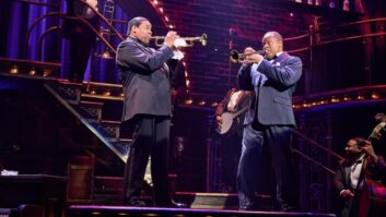 James Monroe Iglehart (“Louis Armstrong”) and Gavin Gregory (“King Joe Oliver”) mime to trumpet solos heard through Meyer Sound Ultra-X40 loudspeakers hidden on the upstage balcony. Photo: Jeremy Daniel.