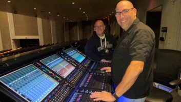 Ike Hall Technical Director James Voltaire (left) and Audio Visual and Theatre Specialist Kiehl Morris (right) with the West Point facility’s new Quantum338 mixing console.