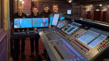 The UK tour sound team of 'Dear Evan Hansen' (left to right): A2 Craig Flint, A1 Olly Smith, A3 Adam Parkinson, and Associate Sound Designer Dan Evans.